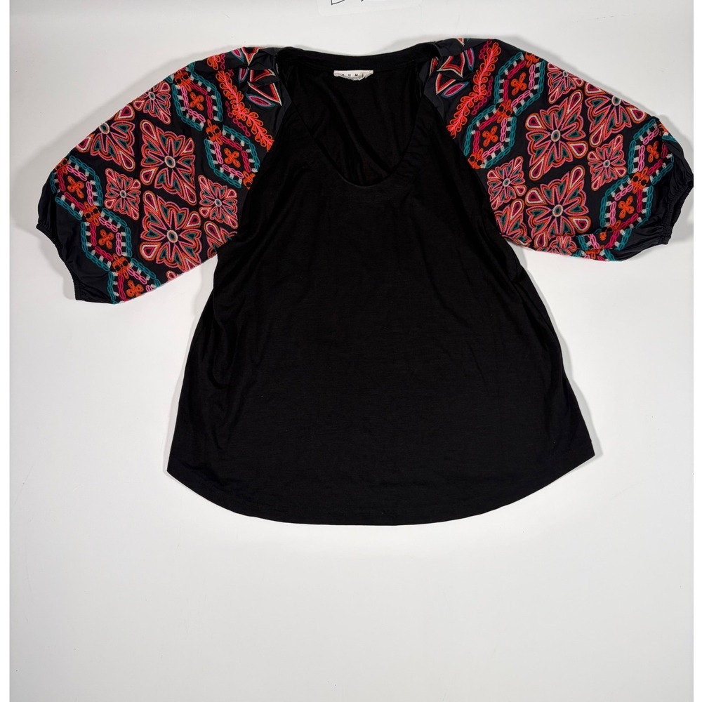 THML Embroidered Sleeve Top Medium Black Colorful Boho Puff Sleeve Cotton - Picture 2 of 5